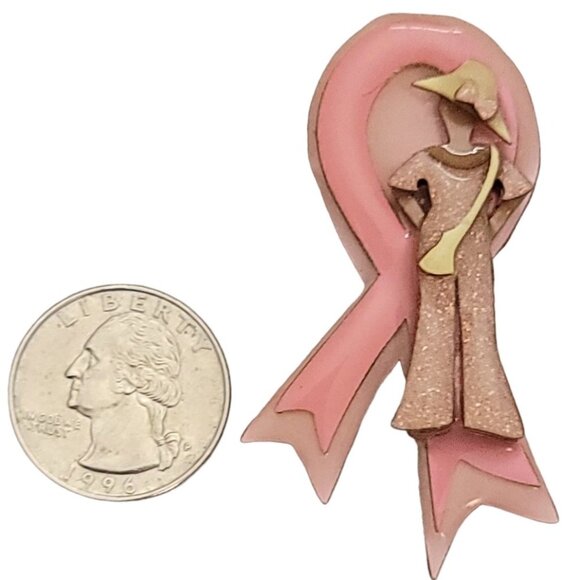 Lucinda Breast Cancer Awareness Pink Ribbon Glitter Woman Lady In Hat Brooch L34 - Picture 6 of 7